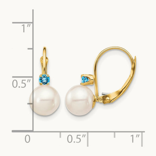 7- White Round FWC Pearl Swiss Blue Topaz Leverback Earrings, 7.5mm, 14K