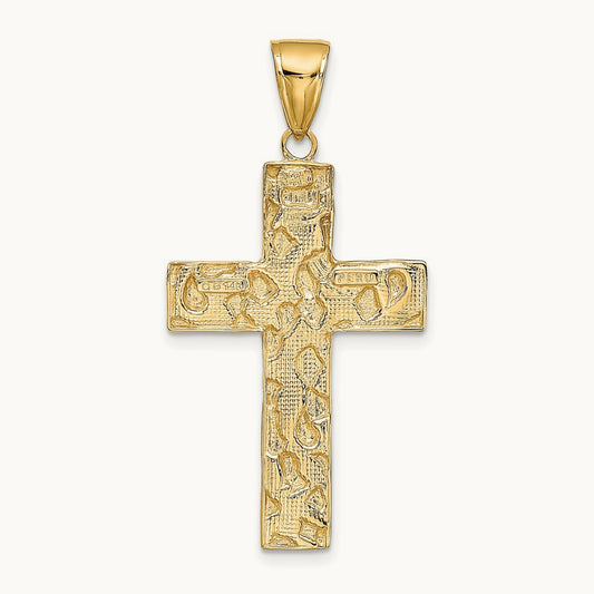 Polished/Textured Nugget Style Cross Pendant — 14K Yellow Gold