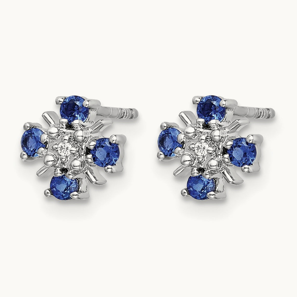 Blue Sapphire and Diamond Post Earrings — 14K White Gold