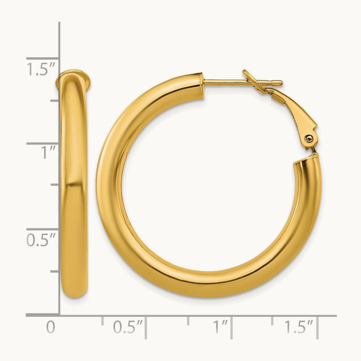 Polished Round Omega Back Hoop Earrings — 14K Yellow Gold, 4x35mm