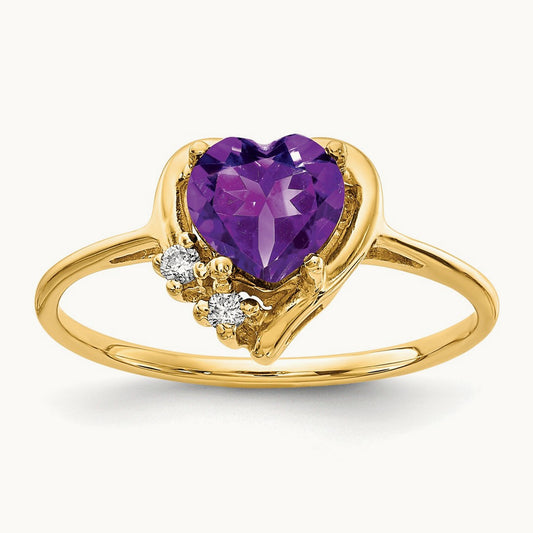 Heart Amethyst AA Diamond ring, 6mm, 14K