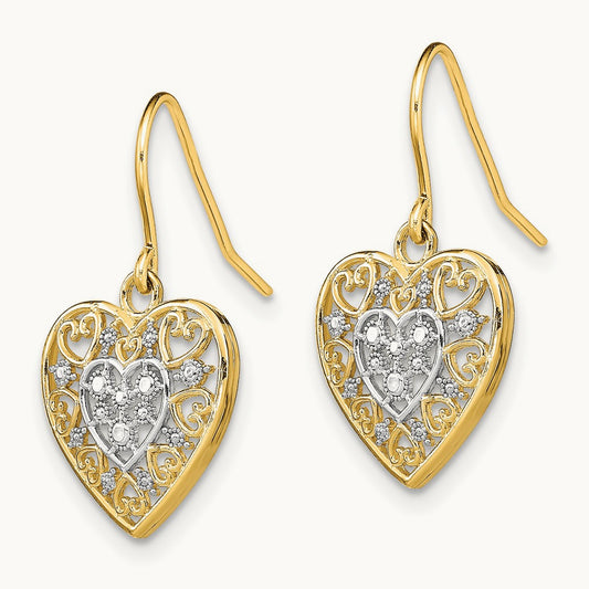 w/Rhodium Polished Filigree Hearts Shepherd Hook Earrings, 14K