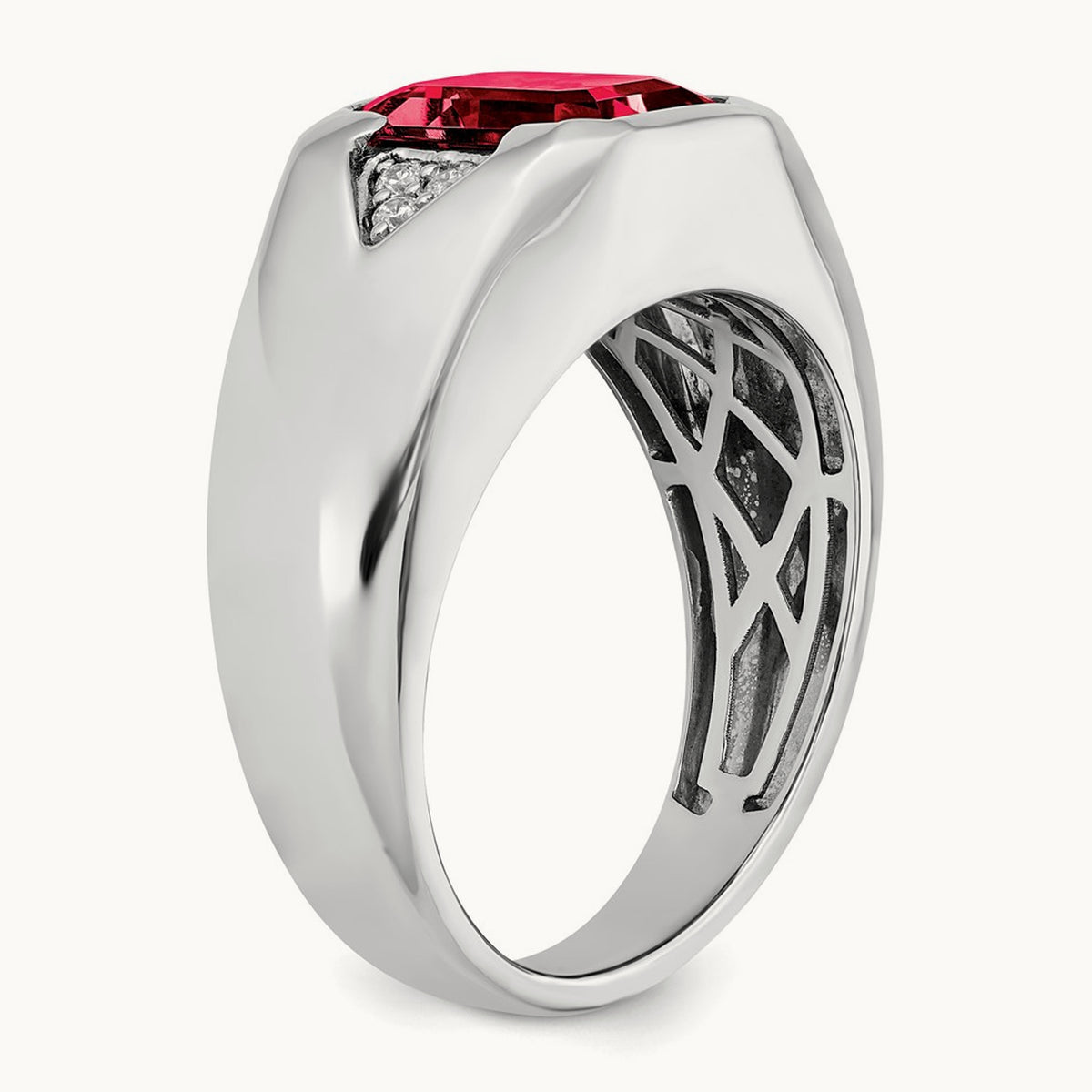 Emerald-cut Created Ruby and Lab-Grown Diamond Men's Ring — 14K White Gold, 10