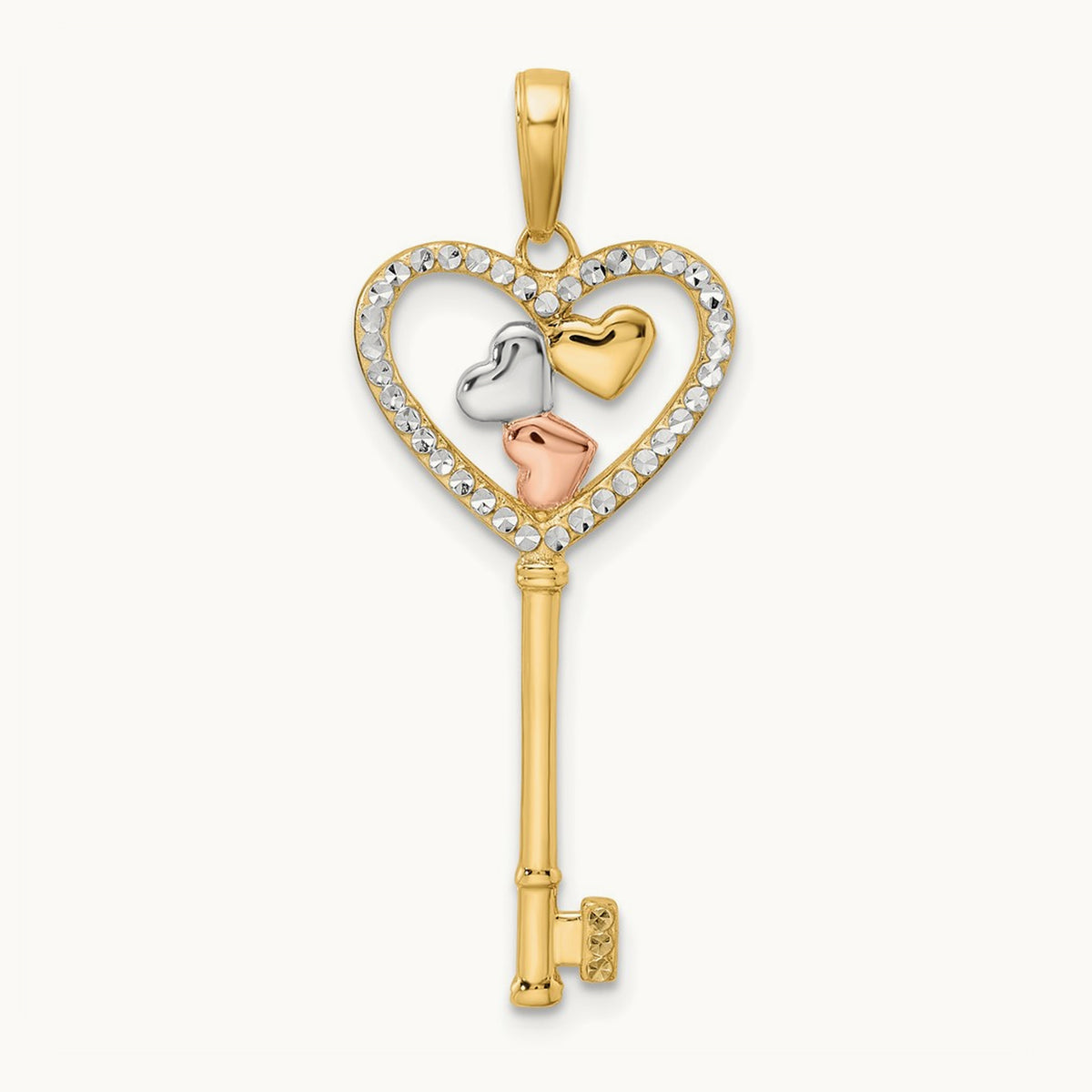 w/White and Rose Rhodium Diamond-cut Hearts Key Pendant, 14K
