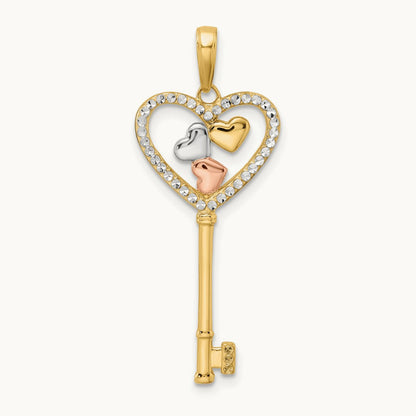 w/White and Rose Rhodium Diamond-cut Hearts Key Pendant, 14K