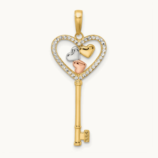 w/White and Rose Rhodium Diamond-cut Hearts Key Pendant, 14K