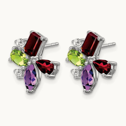 Amethyst/Peridot/Garnet/Diamond Earrings, 14K White Gold