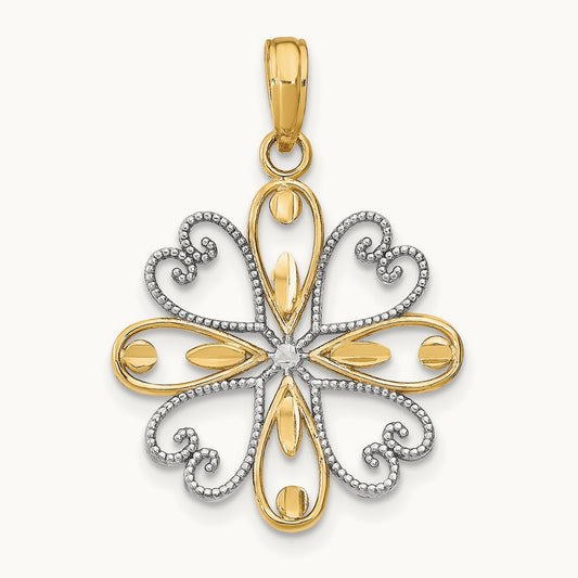 w/Rhodium Beaded Heart Petals Flower Charm, 14K