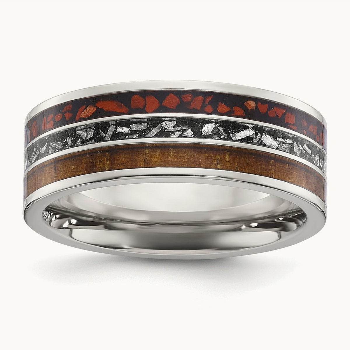 Polished w/Wood/Imt. Meteorite/Redstone Inlay Band, Stainless Steel