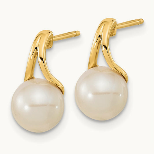 7- White Round Freshwater Cultured Pearl Post Earrings, 8mm, 14K