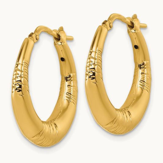 Polished and Grooved Round Hoop earrings, 14K