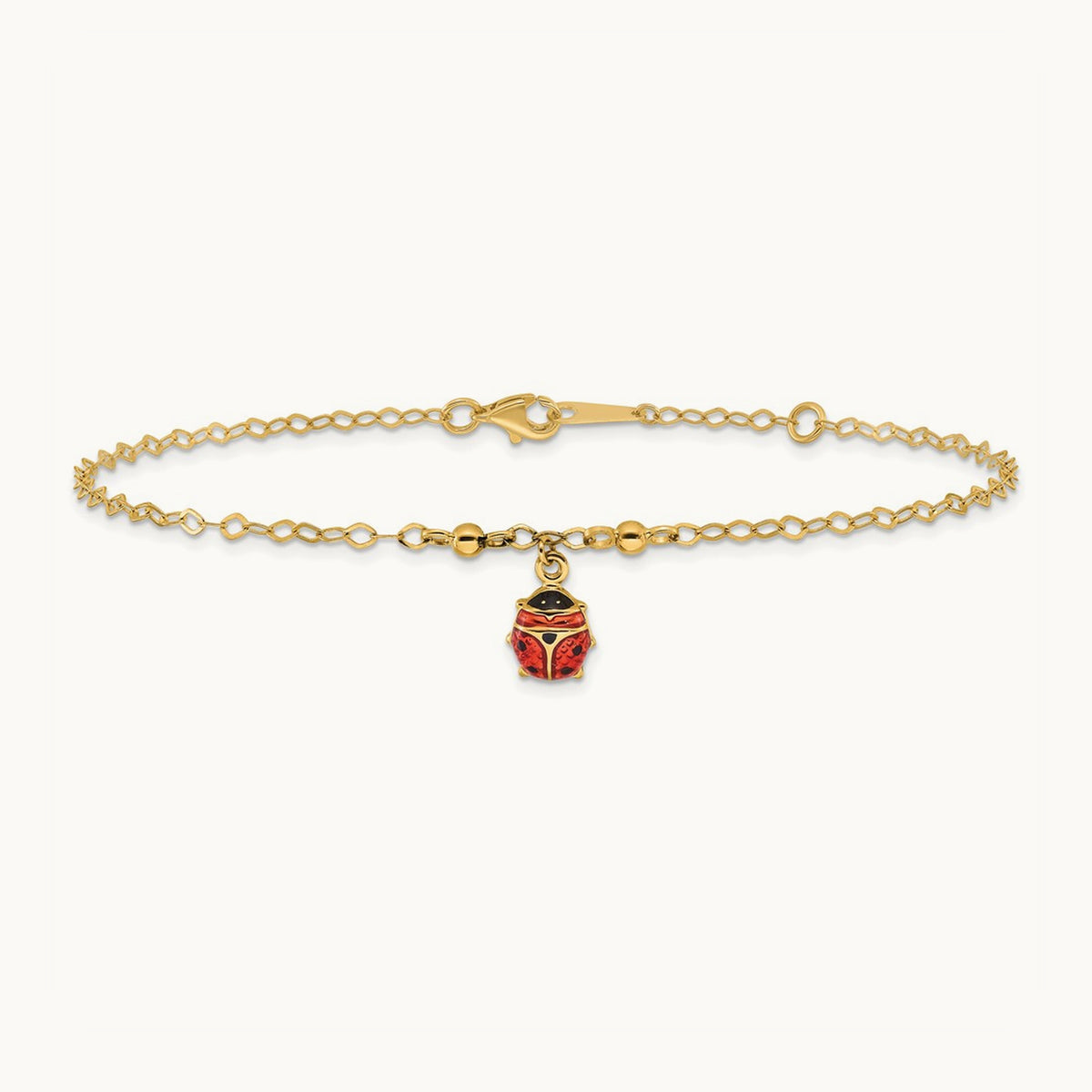 Adjustable Enameled Ladybug 9in Plus 1in ext. Anklet, 14K