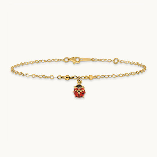 Adjustable Enameled Ladybug 9in Plus 1in ext. Anklet, 14K