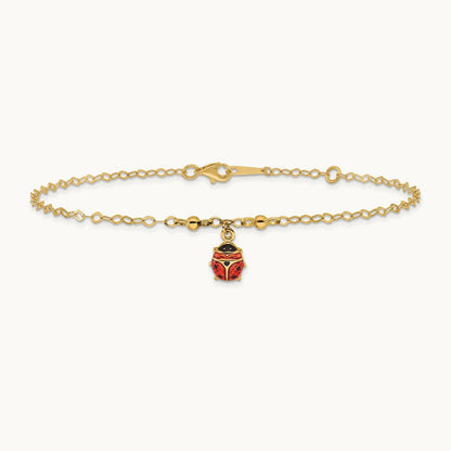 Adjustable Enameled Ladybug 9in Plus 1in ext. Anklet, 14K