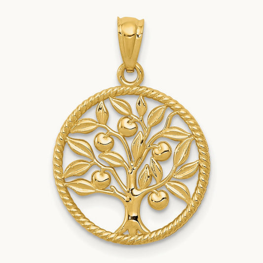 Polished Tree Of Life in Round Pendant, 14K