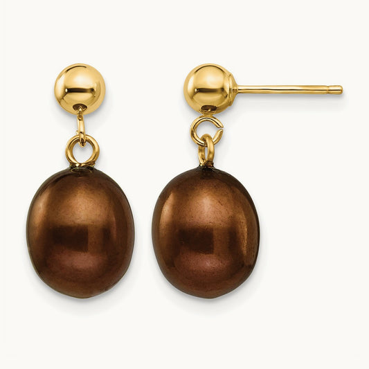 8- Brown Freshwater Cultured Pearl Post Dangle Earrings, 9mm, 14K