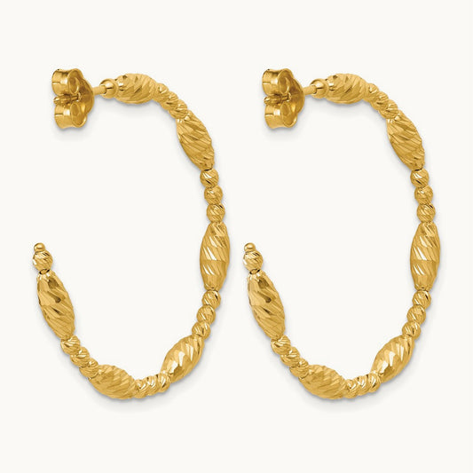 Polished and Diamond-cut Beaded Fancy J-Hoop Post Earrings, 14K — Leslie's