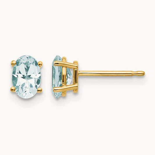 6x4 Oval March/Aquamarine Post Earrings — 14K Yellow Gold