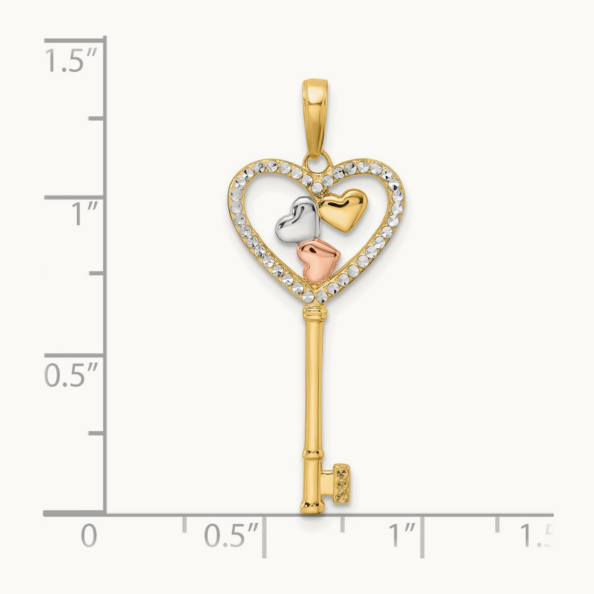 w/White and Rose Rhodium Diamond-cut Hearts Key Pendant, 14K