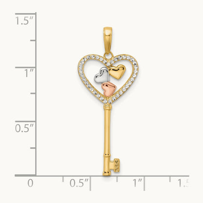 w/White and Rose Rhodium Diamond-cut Hearts Key Pendant, 14K
