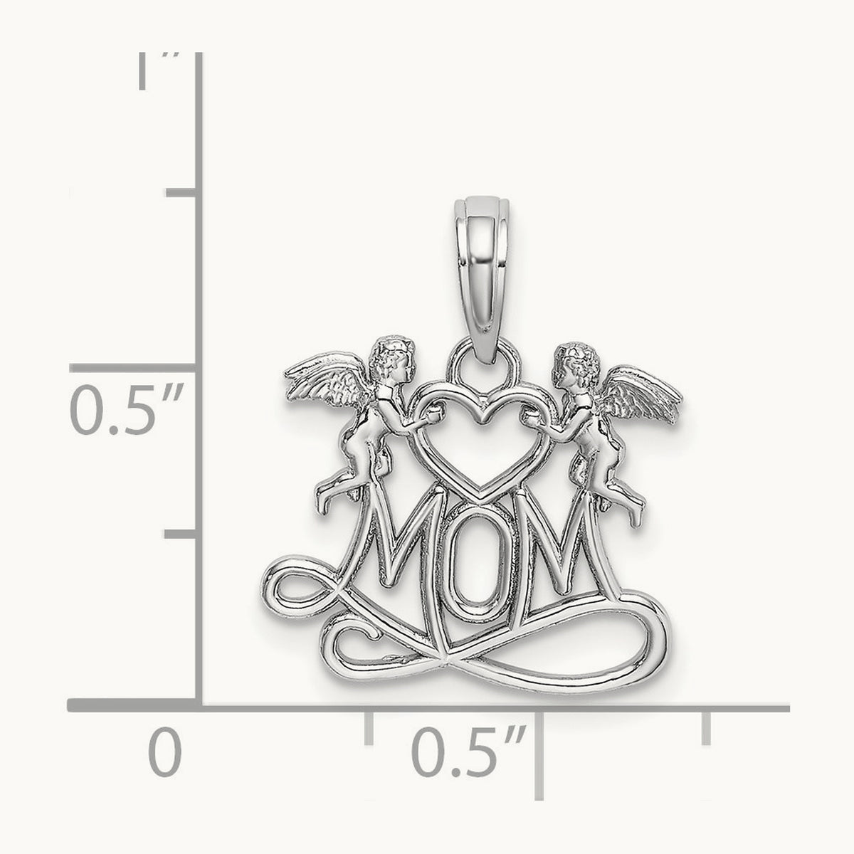 Polished MOM with Heart and Angels Pendant in 14K White Gold
