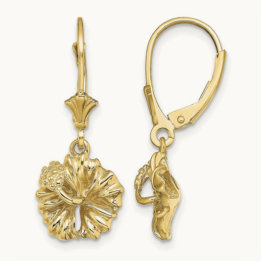 2-D Textured Hibiscus Flower Leverback Earrings, 14K
