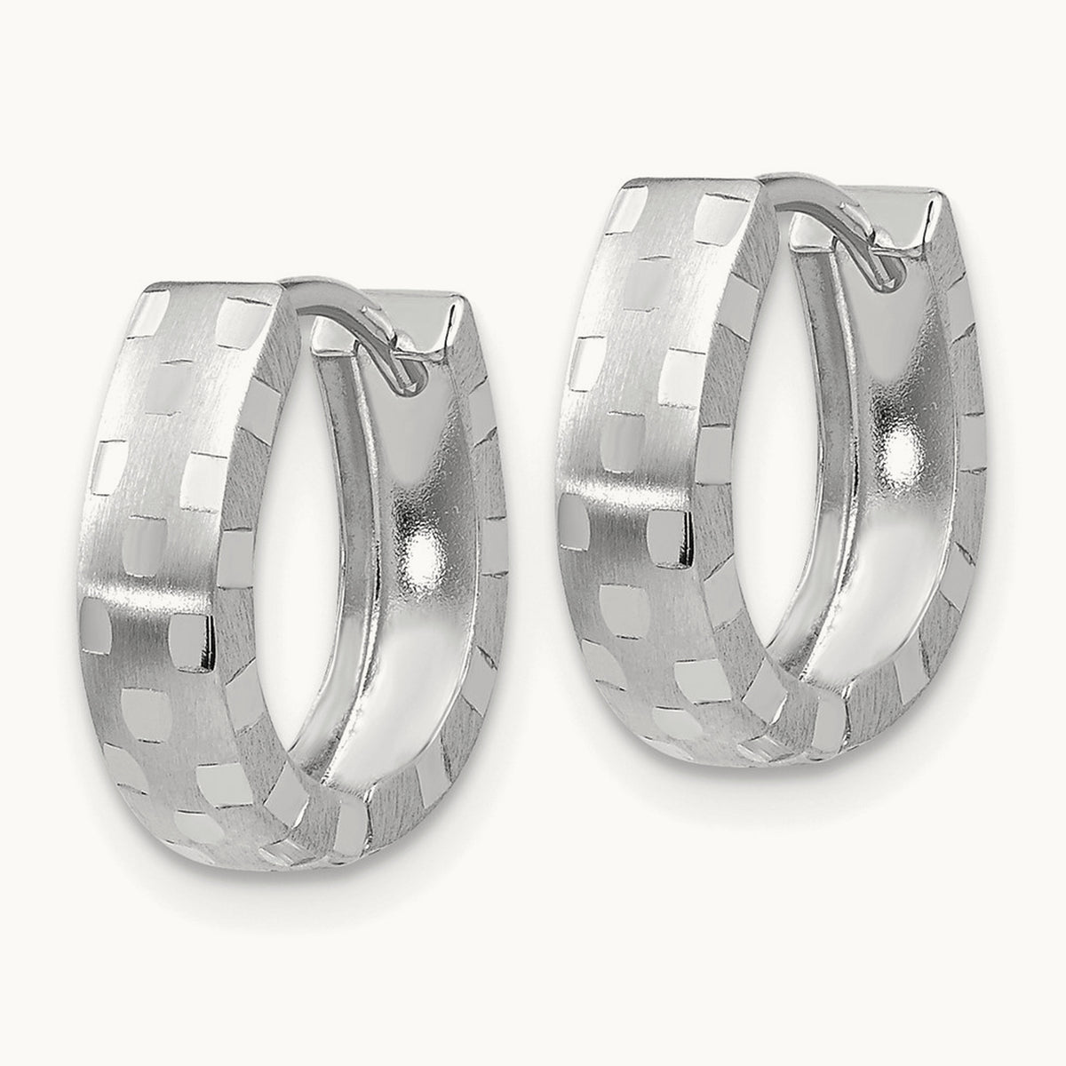 Diamond Cut Patterned Hinged Hoop Earrings — 14K White Gold