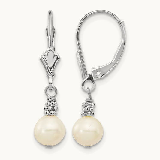 5- White Semi-round FWC Pearl Leverback Earrings, 6mm, 14K White Gold