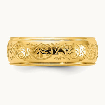 Polished Yellow IP Etched Design Ridged Edge Band, 7.5mm, Stainless Steel
