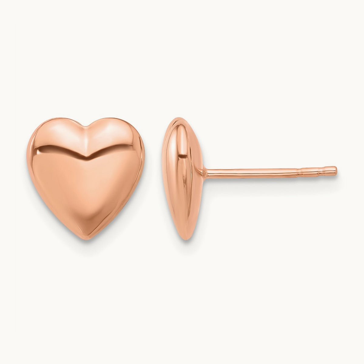 Polished Puffed Heart Post Earrings — 14K Rose Gold, 9.9mm