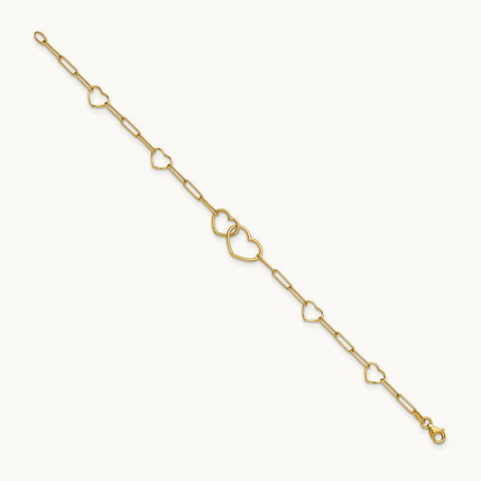 Polished Paper Clip Link Heart Shape 7.5in Bracelet, 14K