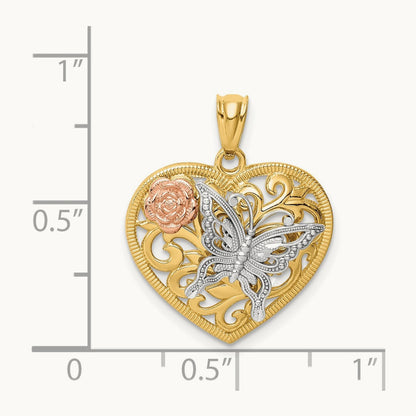 Tri color Butterfly Heart Pendant, 14K