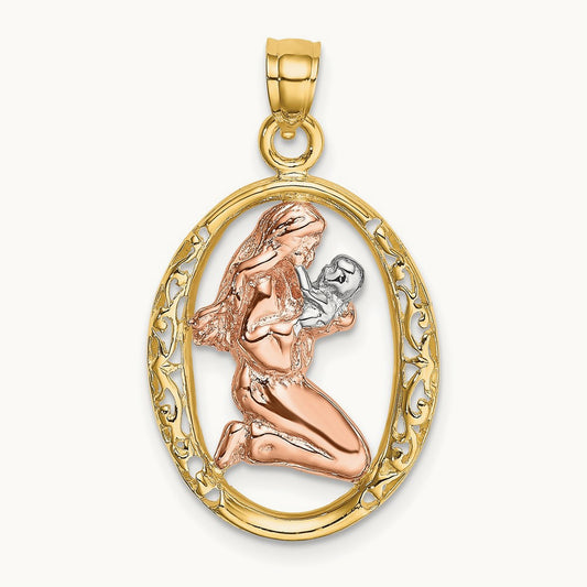 Mother and Baby In Oval Frame Charm, 14K Two-tone with White Rhodium