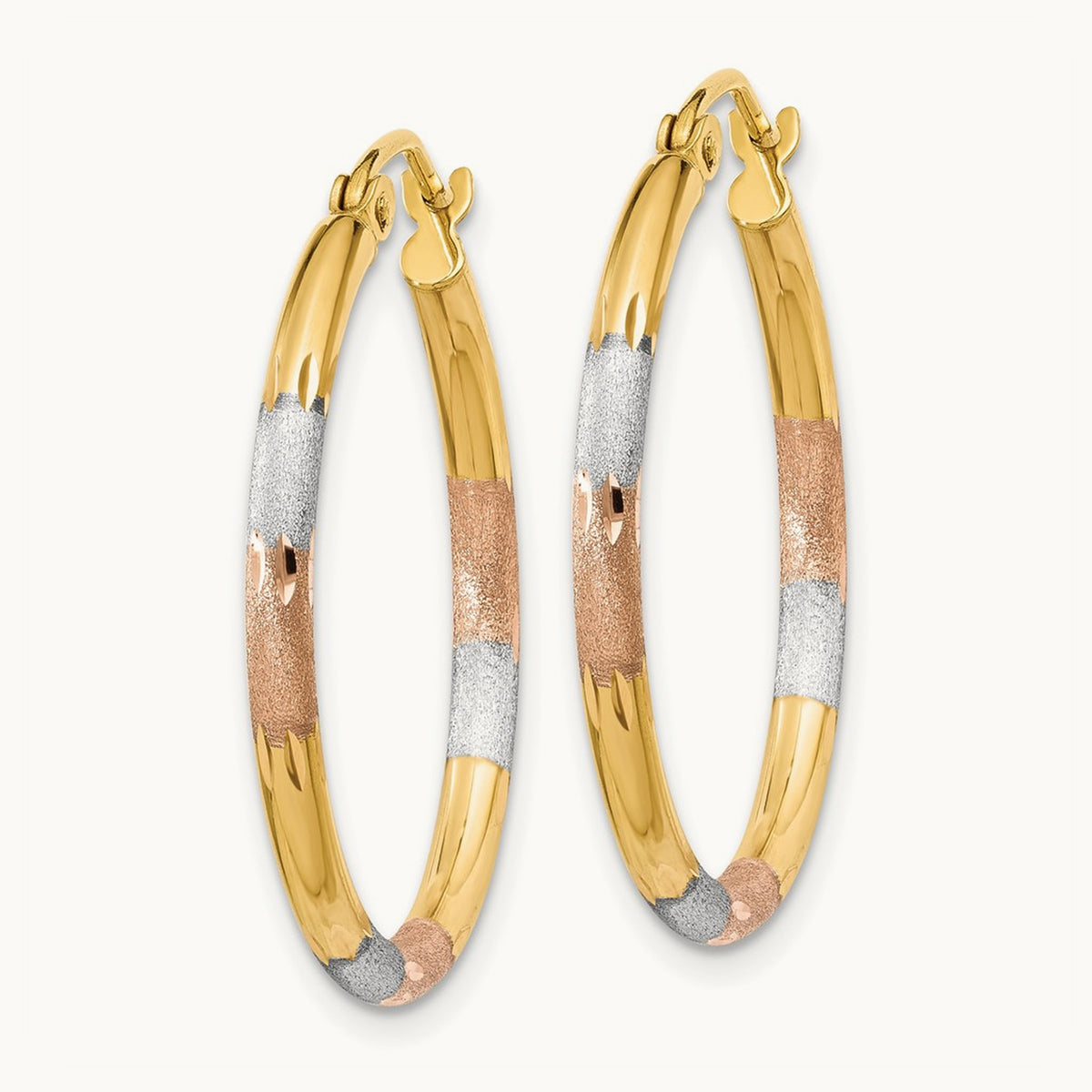 Satin & Diamond-cut Hoop Earrings with white and rose rhodium — 2mm