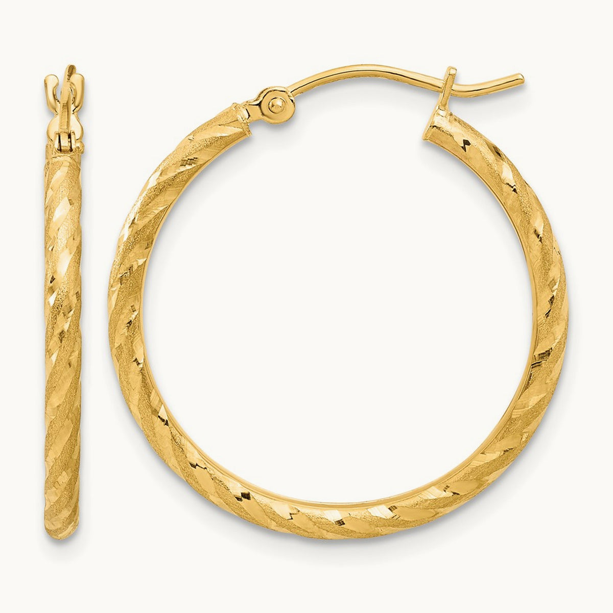Polished and Satin Diamond-cut Hoop Earrings — 14K Yellow Gold