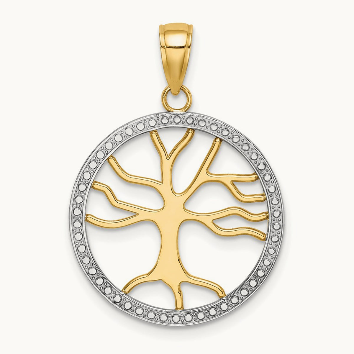 w/Rhodium Large Tree of Life Round Frame Charm, 14K