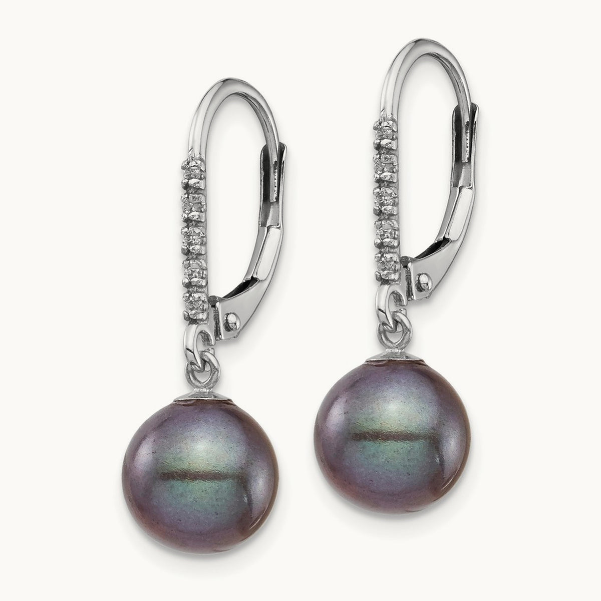 8- Black FWC Pearl .05ct Diamond Leverback Earrings, 9mm, 14K White Gold