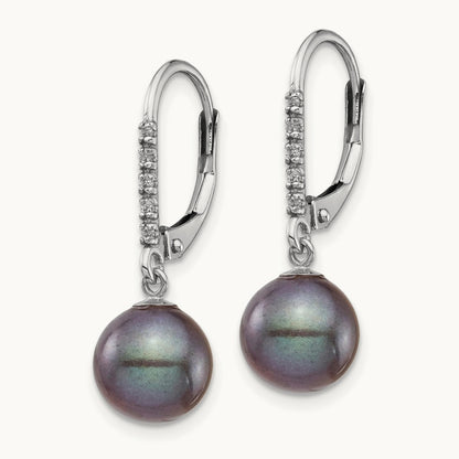 8- Black FWC Pearl .05ct Diamond Leverback Earrings, 9mm, 14K White Gold