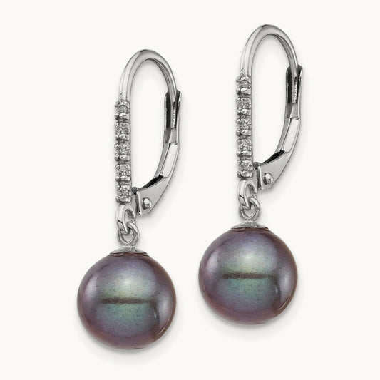 8- Black FWC Pearl .05ct Diamond Leverback Earrings, 9mm, 14K White Gold