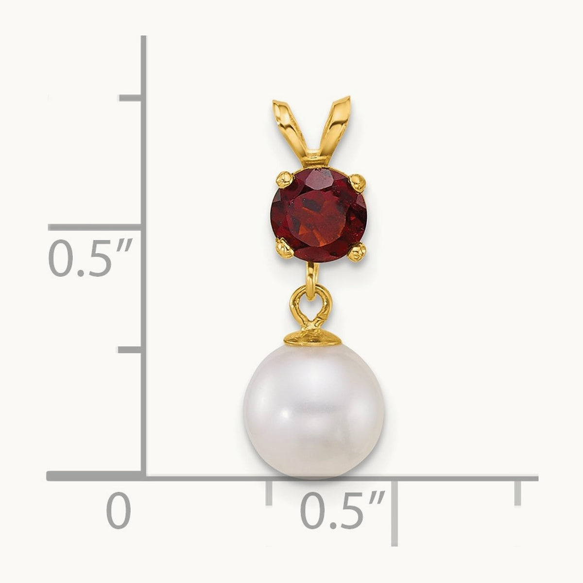 7- Round White FWC Pearl and Garnet Pendant, 8mm, 14K