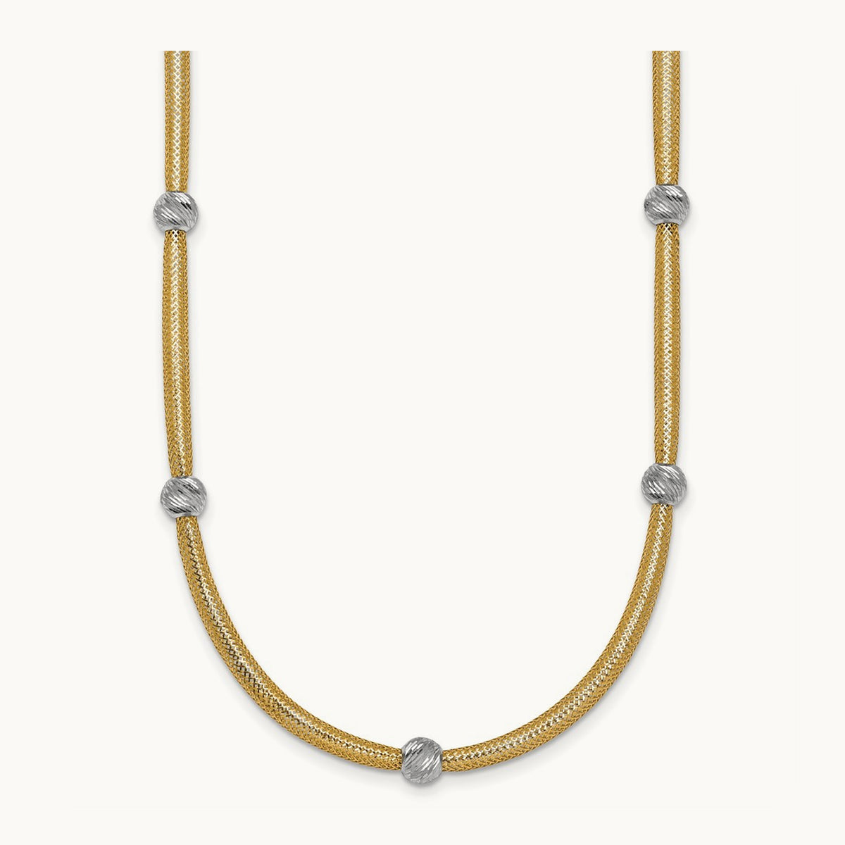 Polished w/Rhodium D/C Bead Flexible Mesh Necklace, 14K
