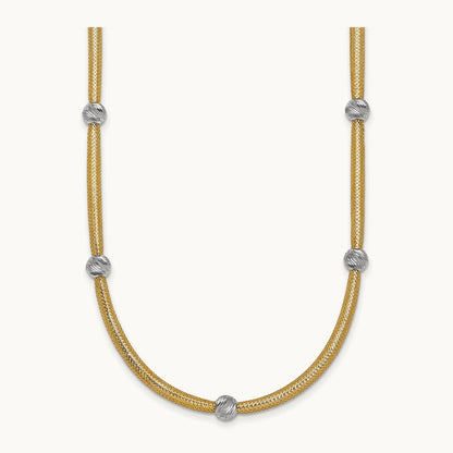 Polished w/Rhodium D/C Bead Flexible Mesh Necklace, 14K