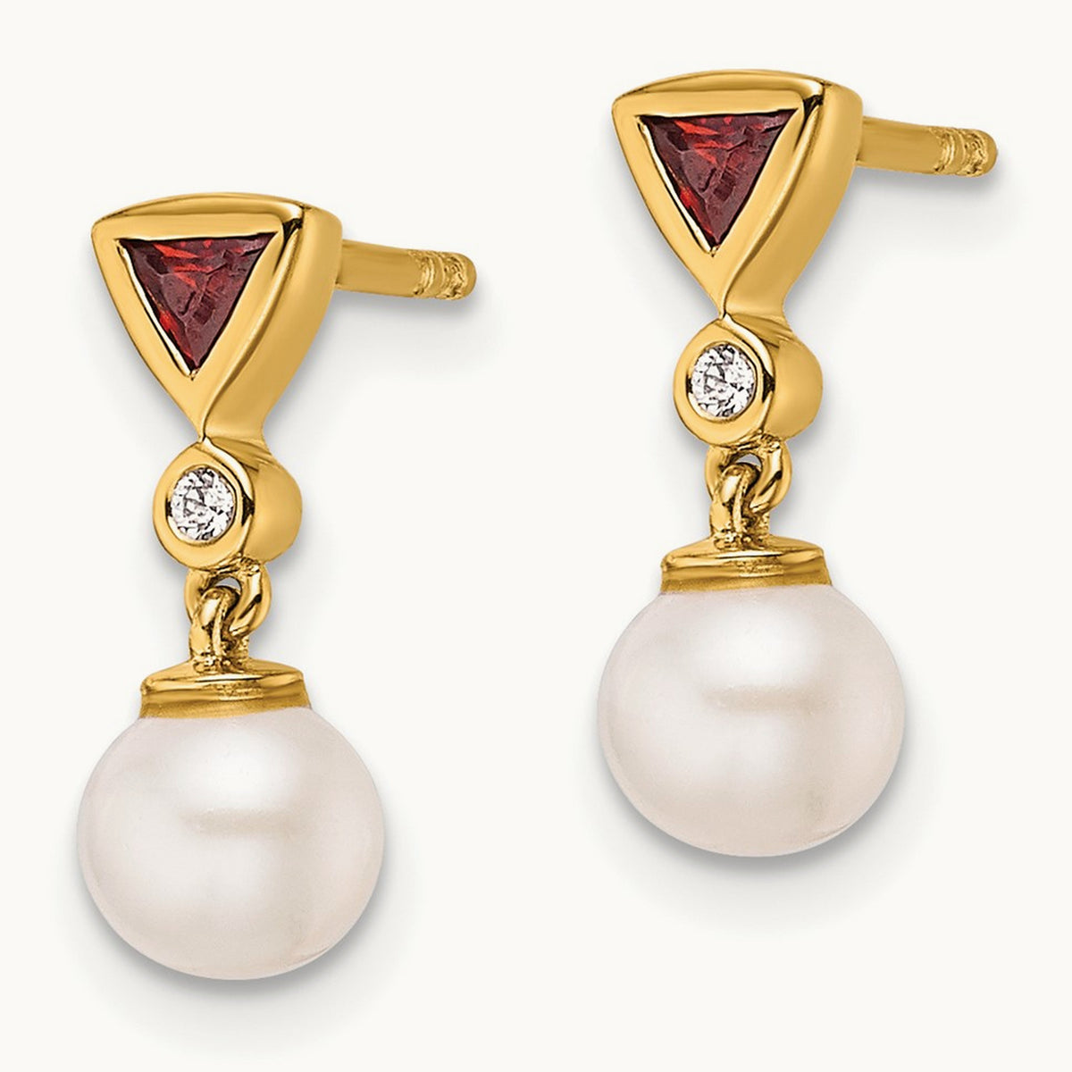 Polished Diamond and Ruby Pearl Dangle Post Earrings, 14K