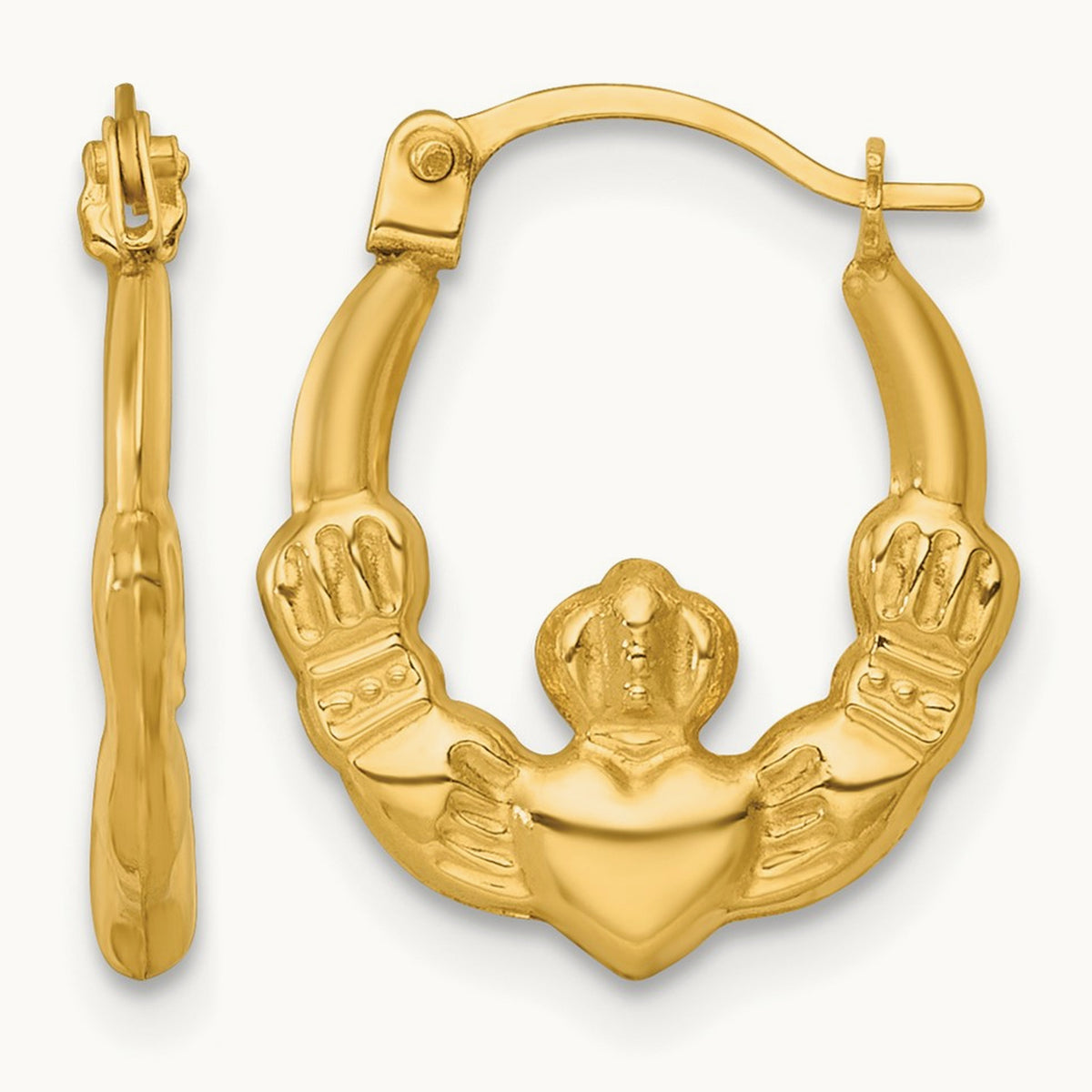 Polished Claddagh Hoop Earrings, 14K