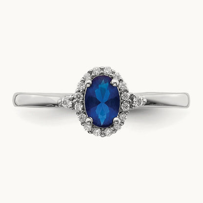 Oval Sapphire and Diamond Halo Ring, 14K White Gold