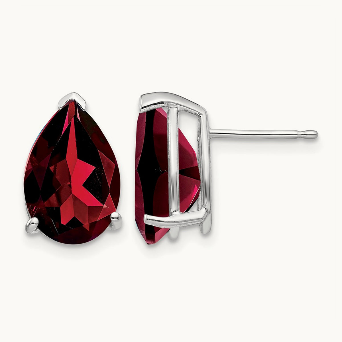 Garnet Pear Stud Earrings, 14K White Gold