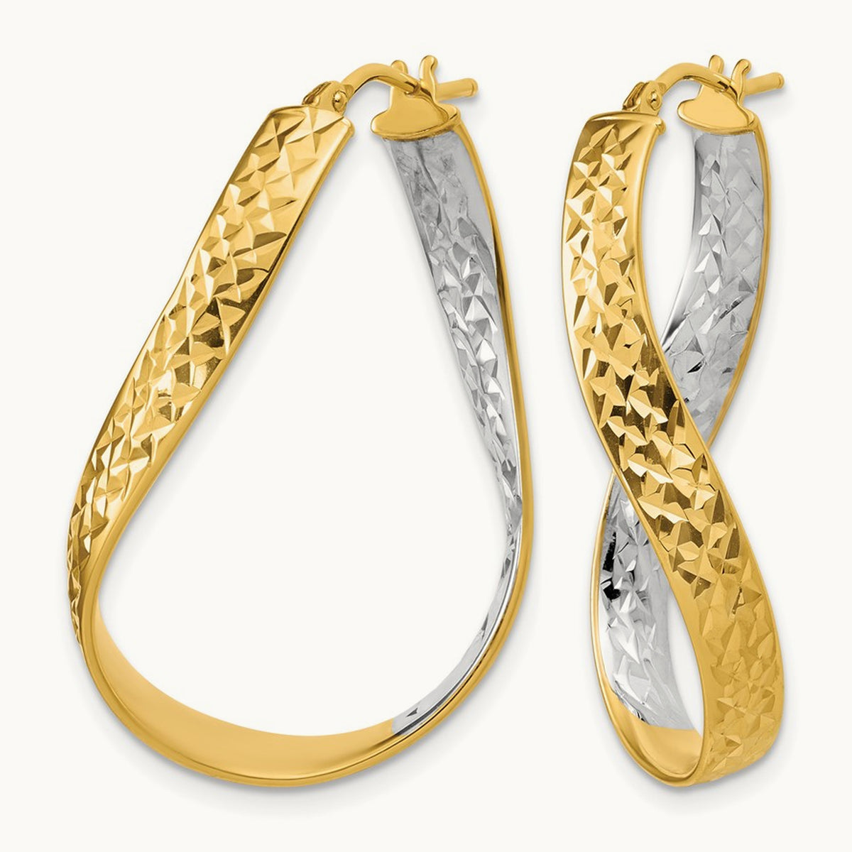 w/Rhodium Polished/Diamond-cut Twist In and Out Hoop Earrings, 14K — Leslie's
