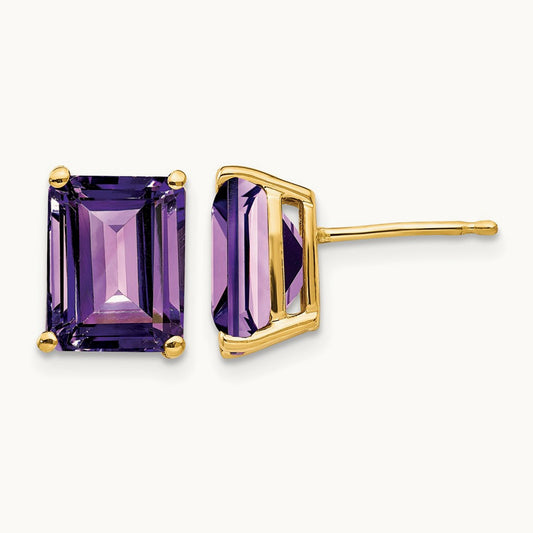 9x7mm Emerald Cut Amethyst Earrings, 14K