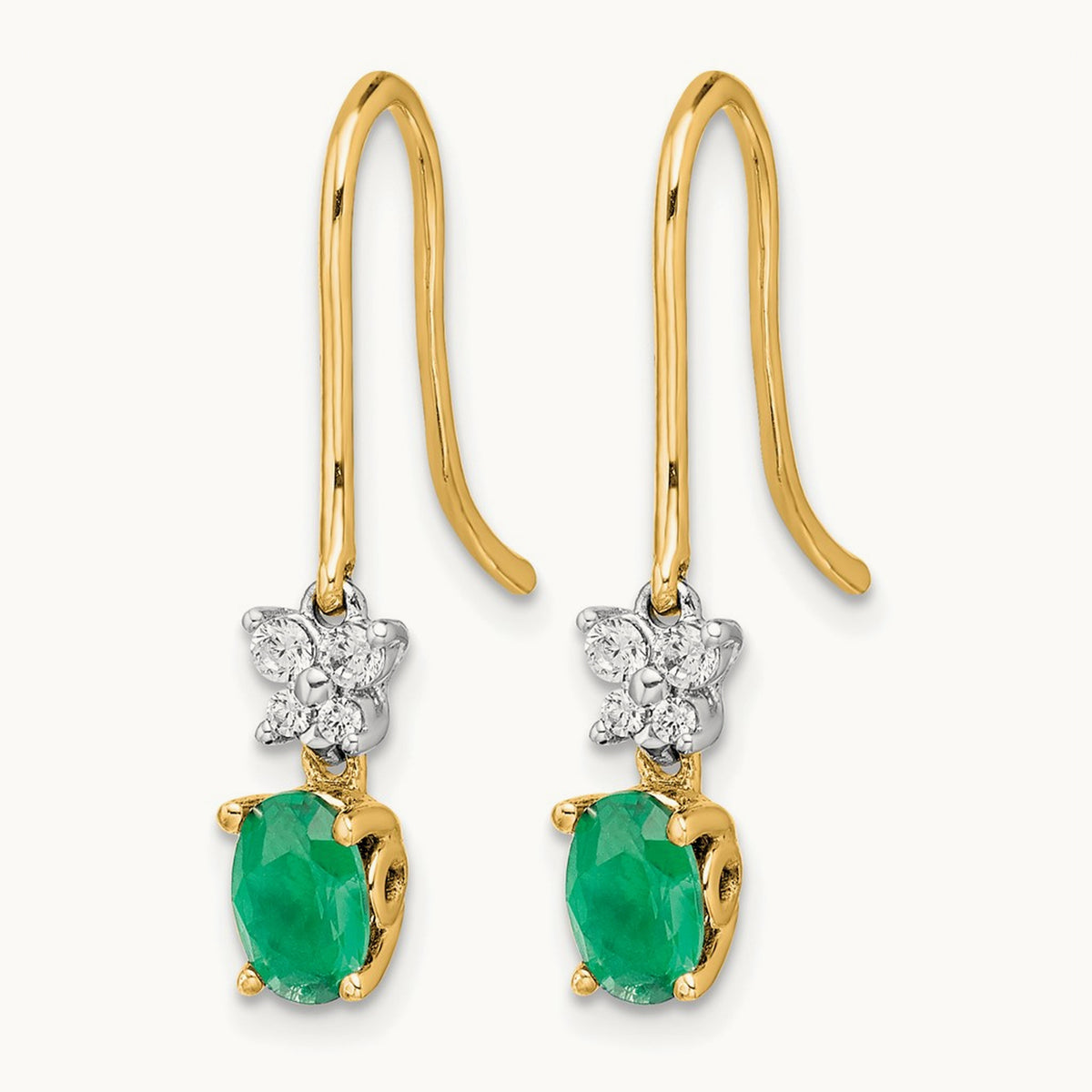 1/8ct Diamond and Oval Emerald Shepherd Hook Earrings, 14K Two-tone