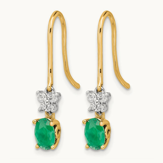 1/8ct Diamond and Oval Emerald Shepherd Hook Earrings, 14K Two-tone